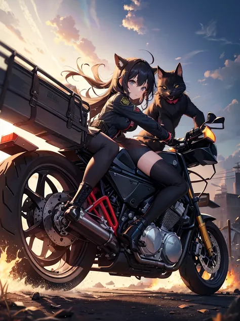  A hero is fighting against a group of zombies。  cute black cat girl wearing a sheep 。 Wearing combat uniform。 Riding a motorcycle。 羊をかぶる&#39;hat。  he has a gun in his right hand 。 On your left「btr」 has a flag with a flag written on it .。  anime style。