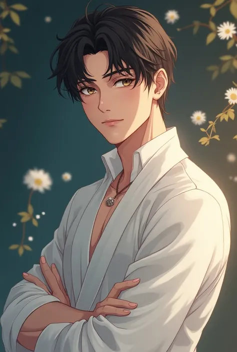 detailed portrait of a handsome adult man, white clothes, anime style, intricate facial details, beautiful eyes, elegant pose, cinematic lighting, vibrant colors, highly detailed, photorealistic, 8k, best quality