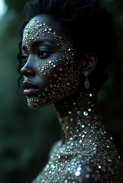  a black woman with diamonds encrusted on her skin all over her body 