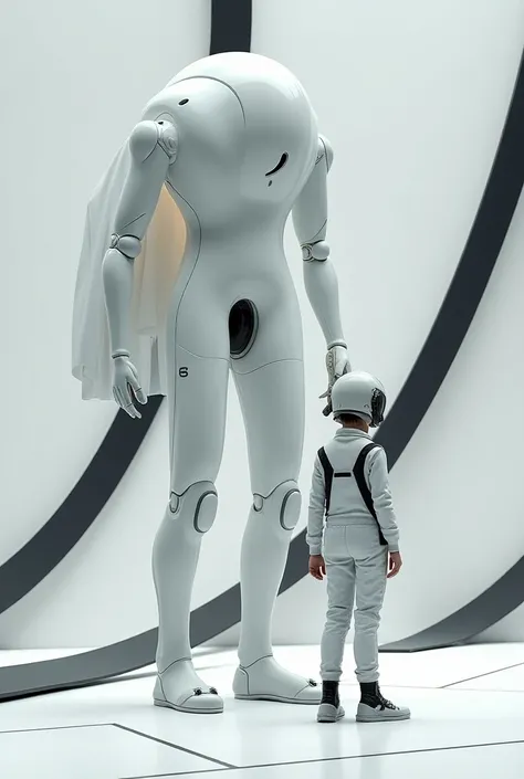  A white wick robot with black lines in the background ,  and an adult boy dressed as a pilot with a wick with his back facing the giant wick, in a futuristic setting , everything like for profile 

