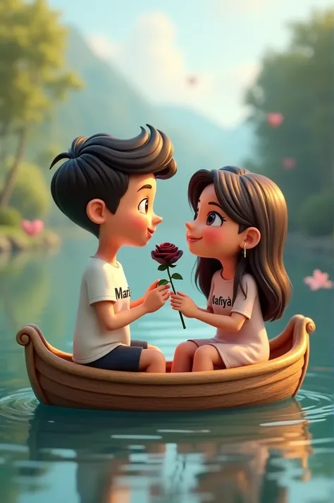 couple siting on the beautiful boat .boyfriend proposed her girlfriend with black rose. Boy wearing a t-shirt wirten his name maruf and girl wearing a t-shirt writen her name mafiya 3d cartoon 
