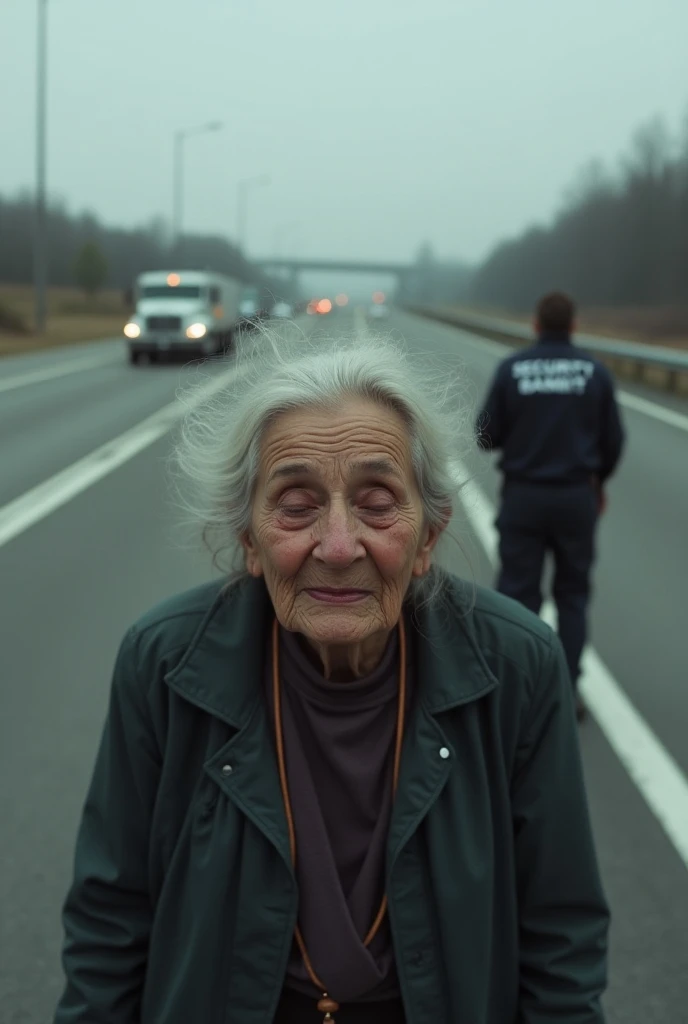 A 70-year-old mother crying in the middle of the highway , please see a man wearing a uniform with the inscription SECURITY BANDIT on the back of his shirt