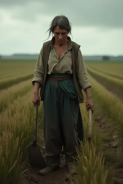 Tired and sad female farmer working in the fields