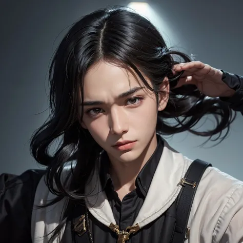  A 20-year-old boy with a handsome and believable appearance . He has straight black hair ,  that falls slightly on his forehead , giving it a youthful and modern touch.  His face reflects a mix of Western and Eastern features,  with slightly slanted and d...