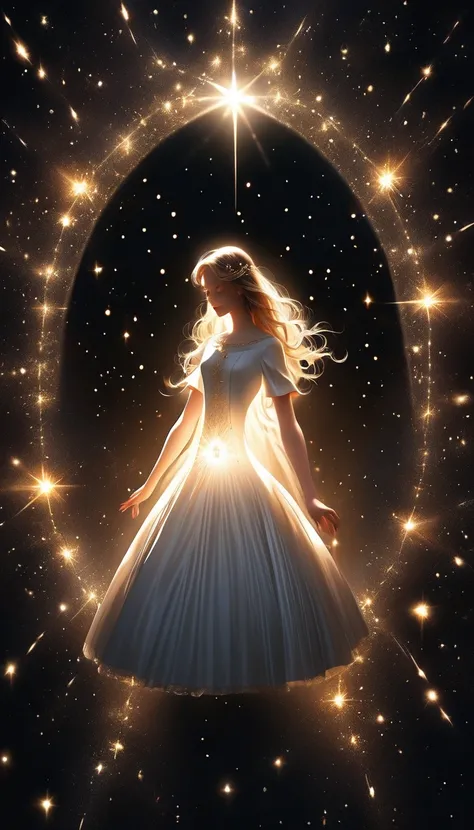 {Worst quality, low quality},Girl Standing in the Dark , Surrounded by light particles and glittering golden sparks、A subtle, shining silhouette of a guardian angel rises above your head。. The soft lighting creates a magical atmosphere、 creates a mysteriou...