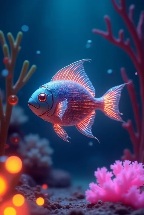 3.	 Robotic fish swimming in an ocean of lights :  A robotic fish with scales made of small glowing solar panels ,  reflecting different colors of the rainbow .  It glides across a fluorescent ocean , with glass corals and neon ,  bubbles that glow orange ...