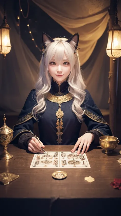 
(masterpiece, highest quality, highest quality, official art, beautiful and aesthetic: 1.2), (one girl: 1.3), wavy long hair, white hair, Cat ears on the head,highly detailed portrait, highly detailed hands, looking at the viewer, alone, (whole body: 0.6)...