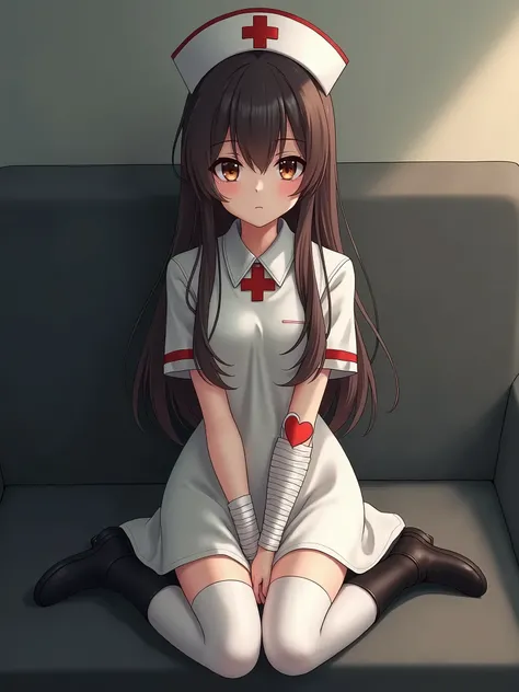 kneeling, looking_at_viewer, boots, white_thighhighs, bangs, skirt, solo, bandaged_arm, blunt_bangs, brown_eyes, cross, nose, thighhighs, nurse, hat, couch, long_hair, short_sleeves, bandages, black_eyes, hairband, black_hair, dress, 1girl, nurse_cap, lips...