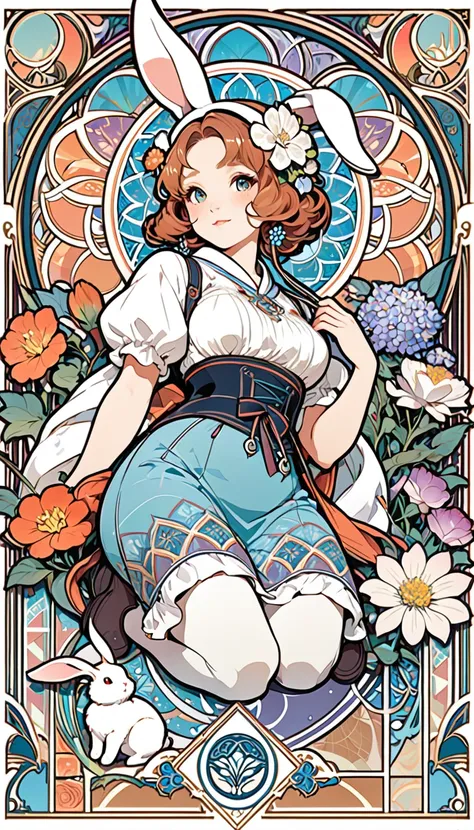  cute rabbit、 logo, stamp, Geometric patterns, Vector art, High quality illustrations by Alphonse Mucha, masterpiece(kemono, Fuzzy Anthology)flower,