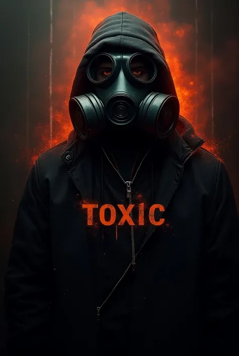 Create a picture of a logo that says toxic with a man wearing a gas mask 