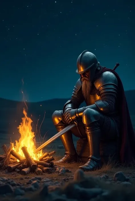 A gentleman in armor wearing a helmet sitting at a bonfire, resting, together with his sword , on a starry night,  reflecting a sense of sadness ,  since he feels he is not capable enough to do his duty 