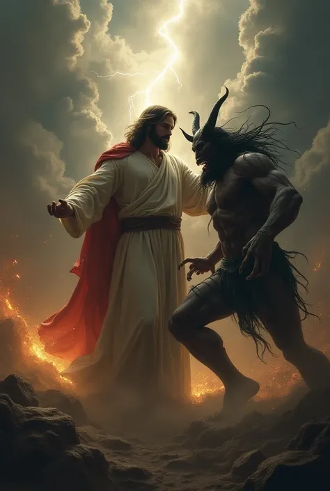 Create a hyperrealistic image of Jesus Christ defeating the devil 