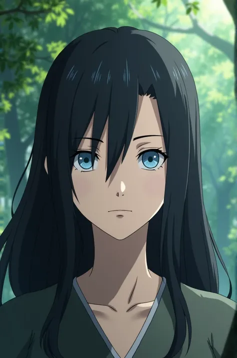  Naruto Shippuden screenshot, beautiful black haired woman,  sky blue eyes, white skin in the background a forest  