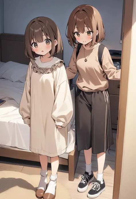 Best Quality.Cute brown haired shut-in girl、room. casual clothes.White ribbed ankle socks.The length of the socks is the same on both sides.roomでは靴履かない.roomの入り口でもじもじ.