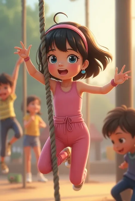 1 girl, 9y, side view, climbing a rope, rope between legs, playground, skintight pink jumpsuit, waist string, no breasts, short bob hair, hair band, earrings, joyful smile, blushes, blue eyes, people in background