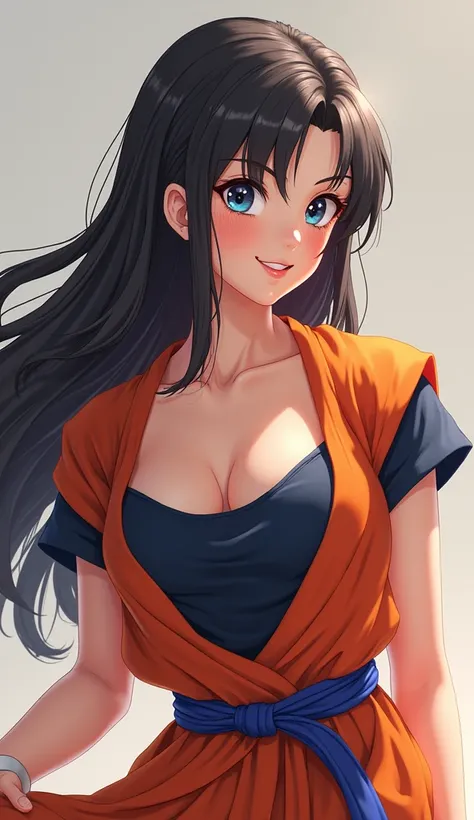 Goku is a woman, 1 girl,  long hair, smile, blush, fringe,  simple background , breasts,  High resolution,  masterpiece , HD model, 