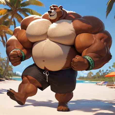 huge muscular kodiak bear in Tropical island beach, big grr, kodiak bear, huge brown fur, thick arm, huge arm, huge white fur, thick arm, huge arm, added brown mustache, added brown beard, short hair, height: 220cm, weight: 350lbs, (veiny bulked up muscula...