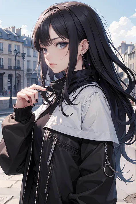 1 girl,black_nails,chain_earring,ear_piercing,earring,grey_ paris landscape background,grey_Eyes,grey_hair,_on_Own_ear,height, jewelry , kirochi  ,long_hair,look_at_viewer, Multicolored_hair,nail_scrub,manuscript,piercing,portrait,Simple_Paris mskoto shink...