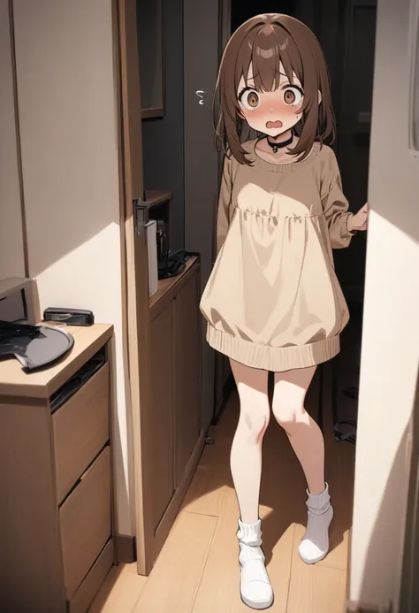 Best Quality.Cute brown haired shut-in girl、room. Black choker. casual clothes.White ribbed ankle socks.The length of the socks is the same on both sides.roomでは靴履かない.roomの入り口でもじもじ.Scared.