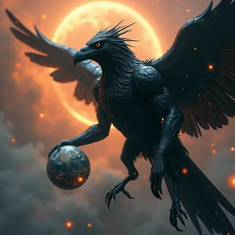 Muscular humanoid Anthropomorphic Crow God with translucent obsidian glass armor, flying among the cosmos carrying the earth in his hand to place it in its rightful place, planets and cosmic dust around him, Masterpiece, Accurate, Award Winning, Cinematic,...