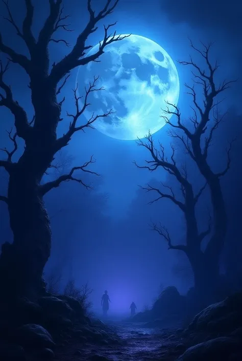  create a gothic background, colors black and purple , with a blue full moon