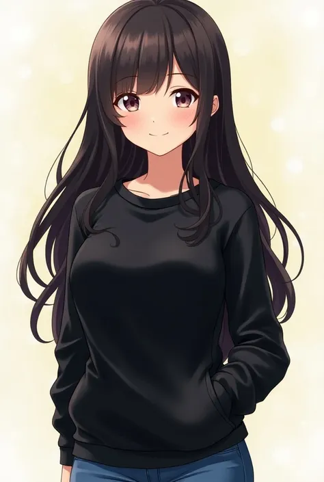 Goku is a woman, 1 girl,  long hair, smile, blush, fringe,  simple background , breasts,  high resolution,  masterpiece , HD model, black sweatshirt, denim pants. 