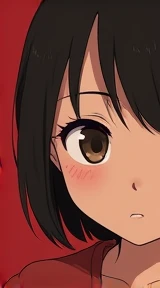 A highly detailed, semi-realistic anime-style portrait of a young girl with short, dark brown hair and large, expressive eyes. She is wearing a red shirt, and the background is a solid, bold red color. Her skin tone is soft and warm, with a subtle blush on...