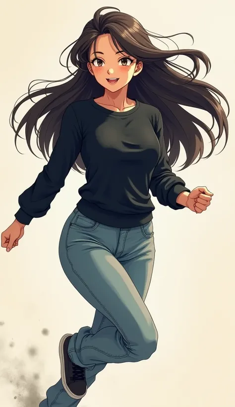 Goku is a woman, 1 girl,  long hair, smile, blush, fringe,  simple background , breasts,  high resolution,  masterpiece , HD model, black sweatshirt, denim pants, full body, flying. 