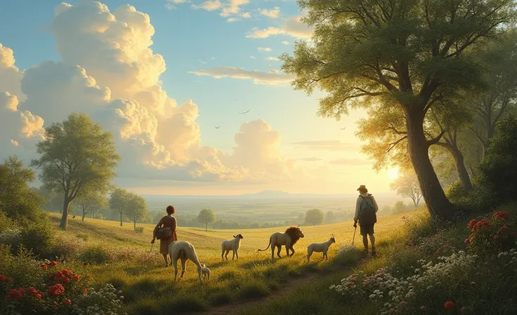  Illustrate an 8K wide-angle view of a flourishing earth, where people and animals coexist in perfect harmony. In this paradise, humans tend to gardens, and lions, lambs, birds, and other wildlife walk peacefully alongside them. The artwork should reflect ...