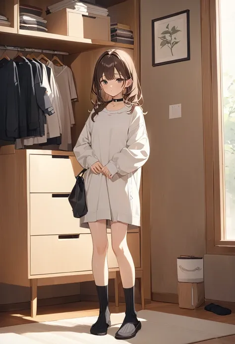 Best Quality.Cute brown haired shut-in girl、room. Black choker. casual clothes.Black ribbed ankle socks.The length of the socks is the same on both sides.roomでは靴履かない.roomの入り口でもじもじ.