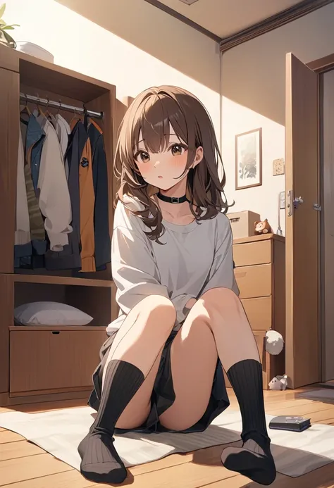 Best Quality.Cute brown haired shut-in girl、room. Black choker. casual clothes.Black ribbed ankle socks.The length of the socks is the same on both sides.roomでは靴履かない.roomの入り口でもじもじ.