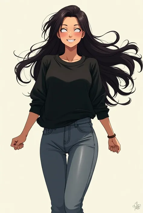 Goku is a woman, 1 girl,  long hair, smile, blush, fringe,  simple background , breasts,  high resolution,  masterpiece , HD model, black sweatshirt, denim pants, full body, flying. 