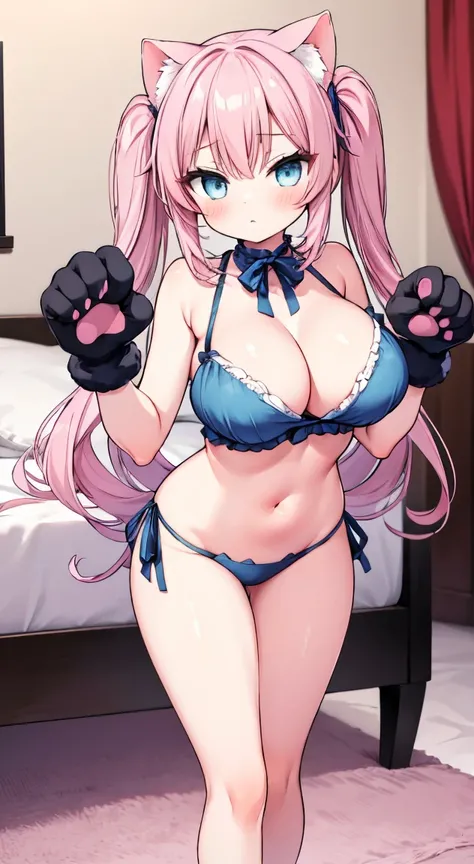 incoming kiss,(light blue cat lingerie1.3),Cat ear,Paw Ball Gloves,standing,gold pink twintailshair,Cute eyes,side tie panties,Large Breasts,Perfect hands,Perfect legs,girl room,