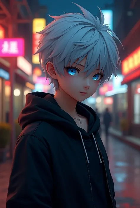 Killua Zoldyck, young teenager, short silver hair, blue eyes, In realistic style.  He is wearing casual clothes :  white t-shirt with long sleeves and dark shorts , in a confident pose.  Background of a street illuminated by street lamps and neon lights , ...