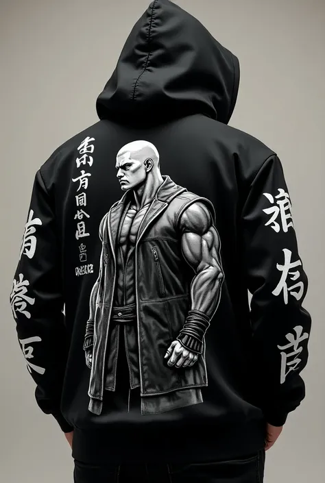 Design a personalized hooded coat that is SPECIFICALLY about the video game STREET FIGTHER ,  That is black with white drawings of some of the characters exactly as seen in the game like Urien  (with clothes )  inside Marcos on the back and that has a phra...