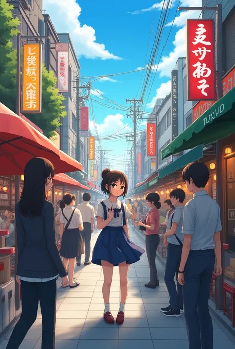 Woman doing an exchange in Japan.
 Shes on the streets of Tokyo interacting with people 
While surrounding it are various shops and cultural aspects of the city, She is very happy 
Anime style  
