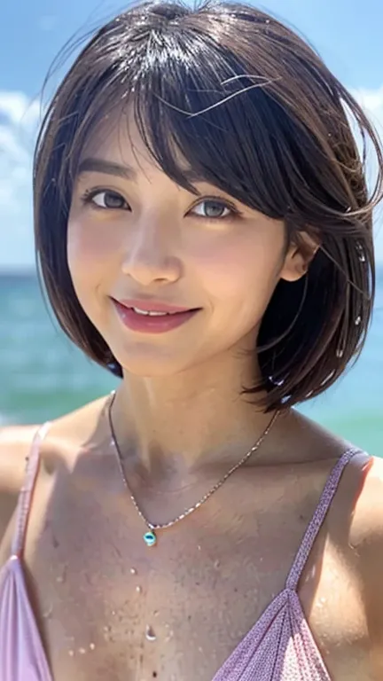 （8k、Original photo、top-quality、​masterpiece:1.2)、(Realistic、 Photorealistic:1.37)、whole body、中年woman1人、Japanese、43yo、woman、Daytime、Sea side、 micro swimsuit 、Wet swimsuit、 Natural Soft Light 、(Front View)、Brown Hair、 short bob cut、Detailed face、Detailed lip...