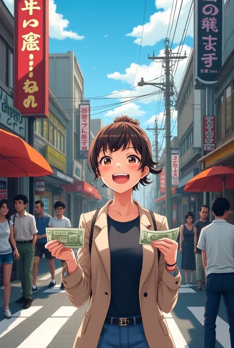 Woman doing an exchange in Japan.
 It is on the streets of Tokyo and surrounding it there are several shops and people, cultural aspects of the city., She is very happy 

Anime style  
