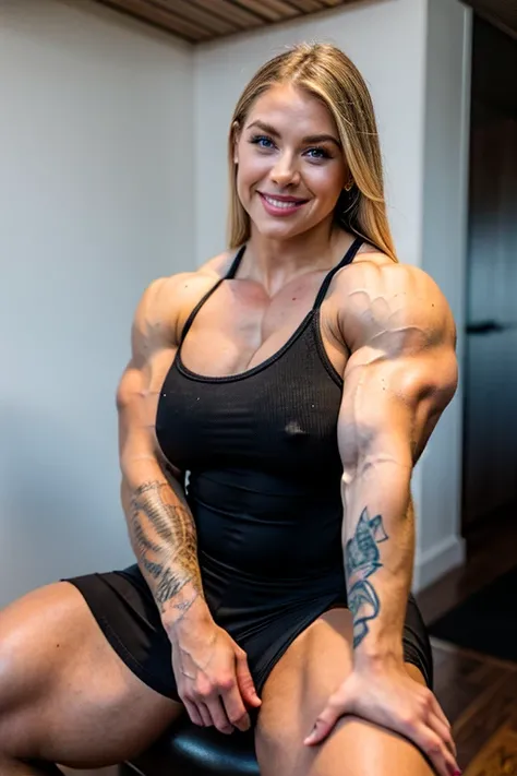 A heavily muscled iffb pro female bodybuilder,  she is Covered in tattoos   young blonde girl,  heavily muscled iffb pro female , masterpiece, best quality, 1girl, dressed in a   side split dress, , smirk, biceps, leaning back in chair,