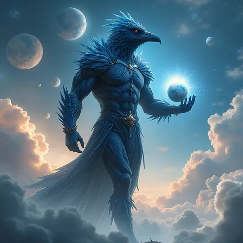 Muscular Anthropomorphic Crow God with translucent obsidian glass armor, walking among the clouds carrying the earth in his hand looking at it lovingly, walks on the clouds, planets and cosmic dust around him, glass made, Masterpiece, Accurate, Award Winni...