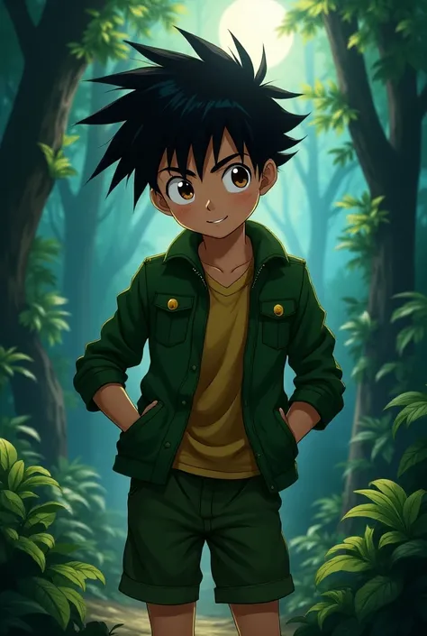 Gon Freecss,  young  teenager ,  thick and voluminous black hair , large brown eyes.  wearing your classic green jacket with details gold and green shorts.  Deep of a forest with dense rays of moonlight and sun filtering through the trees ,  creating an ad...