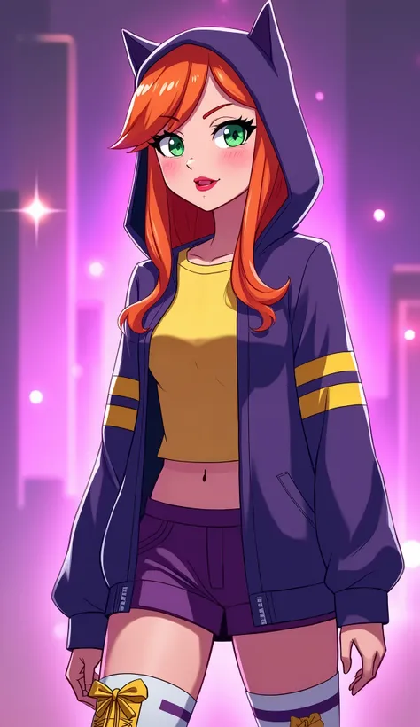 (Close up), (Close up from top of head to bottom of thigh) ((Barbara from DC Super Hero Girls 2019)), Barbara is a tall, slim and fair-skinned teenager with rosy cheeks, bright-emerald eyes and long, hot-orange hair with a brighter-colored ombre on the bot...