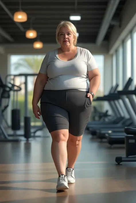 Fat white woman with short hair walking in gym clothes