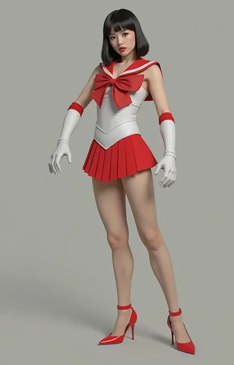  1 girl,Short Bobs Beautiful Hair , (High image quality,8k, Black Hair , Realistic, High image quality,masterpiece,Super detailed, Confused)1.5,((Summer 1,  Sailor Mars cosplay、 Sailor Warrior Uniform ,  white gloves in the wasteland,  Red Sailor Color  , ...