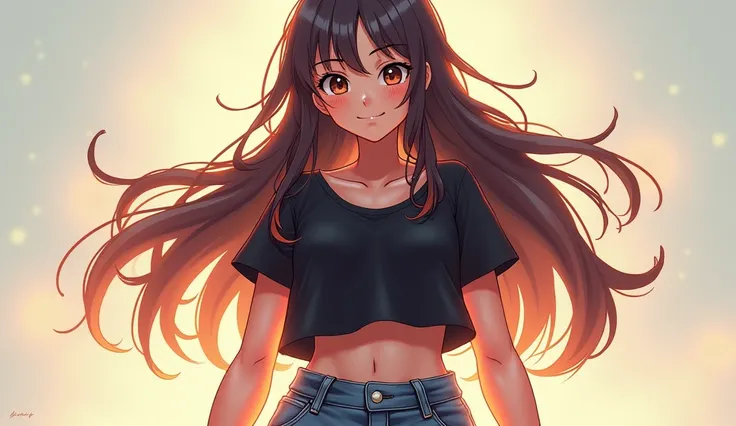 Goku is a woman, 1 girl,  long hair, smile, blush, fringe,  simple background , breasts,  high resolution,  masterpiece , HD model, black shirt, denim shorts, full body 