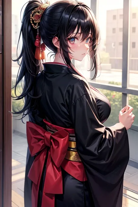 Anime style, high-schooler, Black Hair, Long Hair, Solo, High Resolution, Looking at viewer, Blush, black pupils,Breast size: e-cup, Ponytail, Masterpiece, Best Quality, kimono, From Behind, 