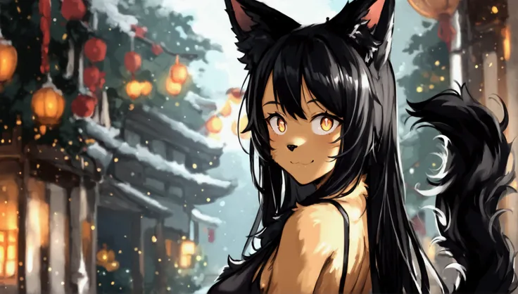 1girl, anthro, solo, long hair, bangs, black hair, animal ears, tail, brawn eyes, sidelocks, sleeveless, full body, big breasts, cat ears, wolf tail, furry, cat tail, wide-eyed, furry female, cat girl, bun cover, body fur, animal nose, black fur, two-tone ...