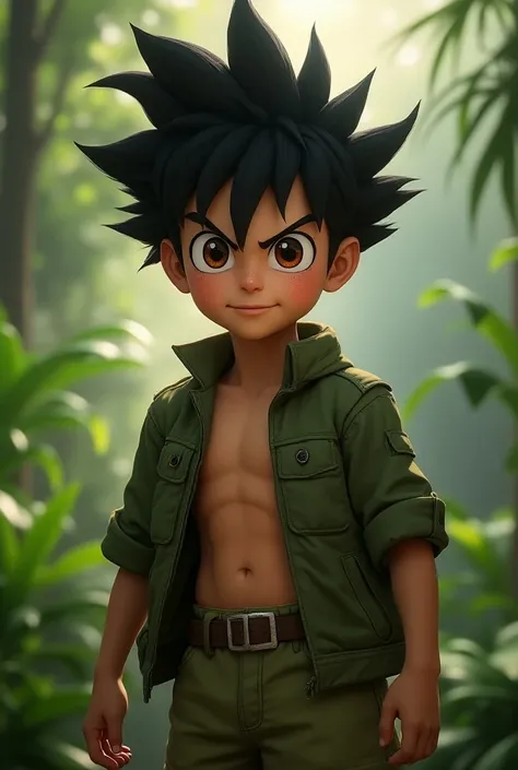  hyper-realistic portrait of Gon Freecss , A ,  with realistic human appearance .  He has spiky black hair ,  with thick hair and natural texture .  His The skin is light brown with realistic details : visible pores,  soft reflections from the Sun Moon ,  ...