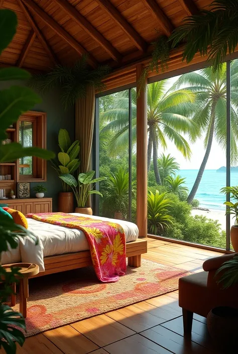 Fait moi une chambre dans le themes tropical avec des couleurs tropical 