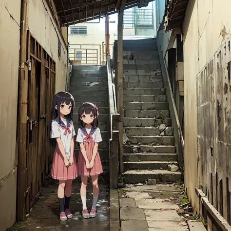 (masterpiece、detailed anime)、(three cute girls、three elementary school girls、summer clothes)、( old and dirty stairs in the housi...